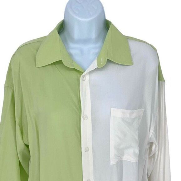 Lush Womens Colorblock Long Sleeve Button Down Shirt Lime Green White Small NWT - Picture 2 of 9